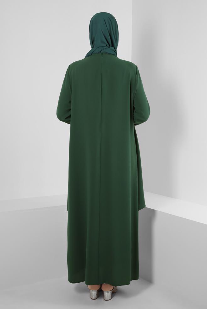 Tesettür giyim YEŞİL BONCUK BASKILI BİSİKLET YAKA KREP ELBİSE 20382 - ALVİNA