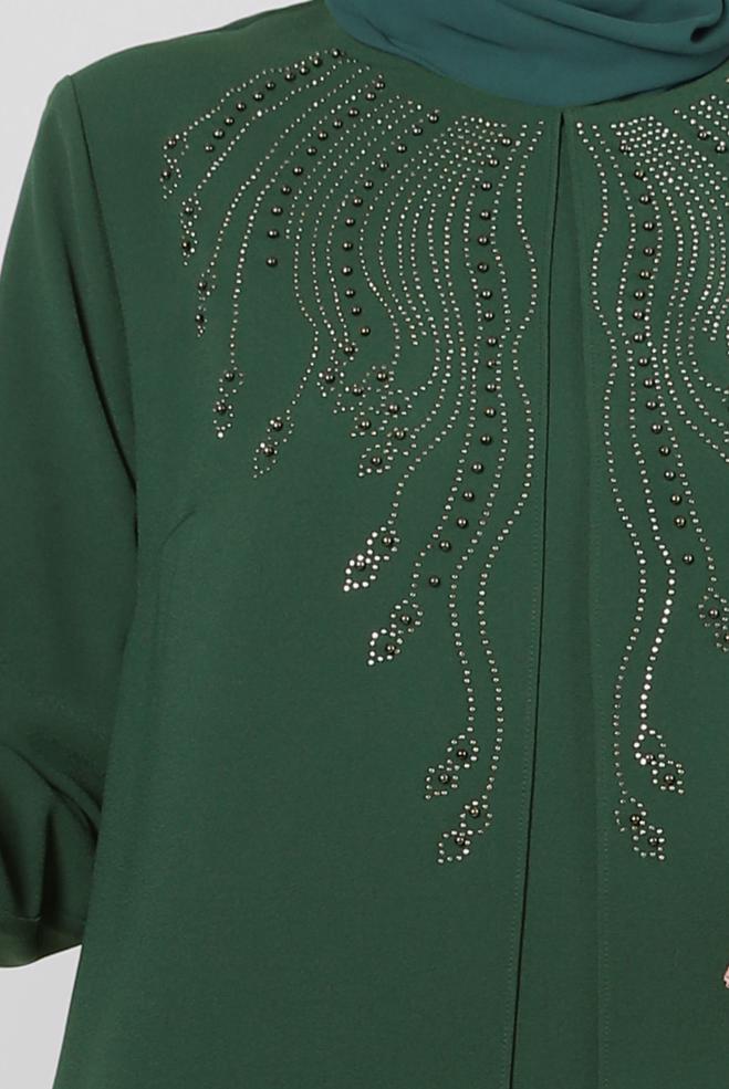 Tesettür giyim YEŞİL BONCUK BASKILI BİSİKLET YAKA KREP ELBİSE 20382 - ALVİNA