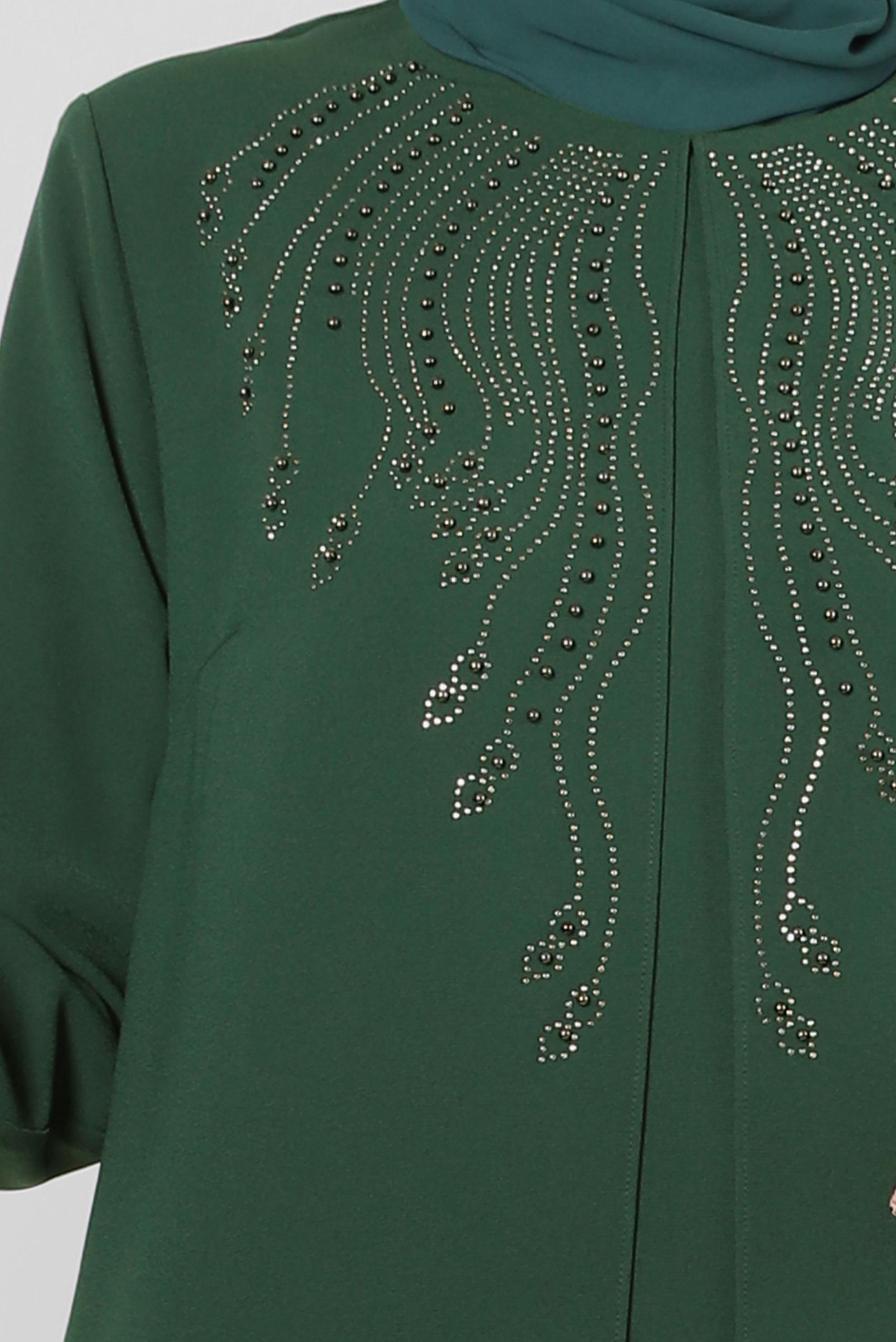 Tesettür giyim YEŞİL BONCUK BASKILI BİSİKLET YAKA KREP ELBİSE 20382