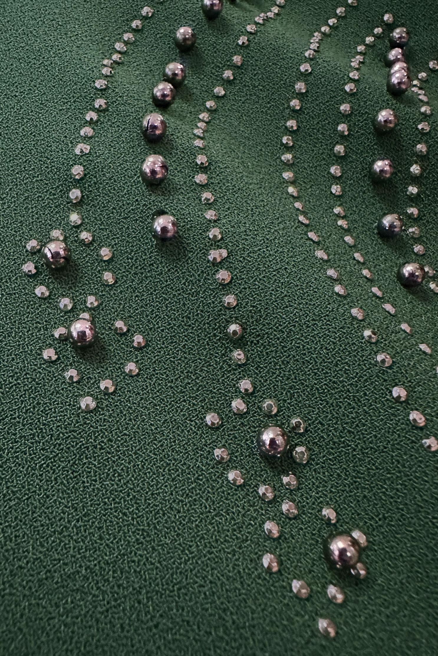 Tesettür giyim YEŞİL BONCUK BASKILI BİSİKLET YAKA KREP ELBİSE 20382