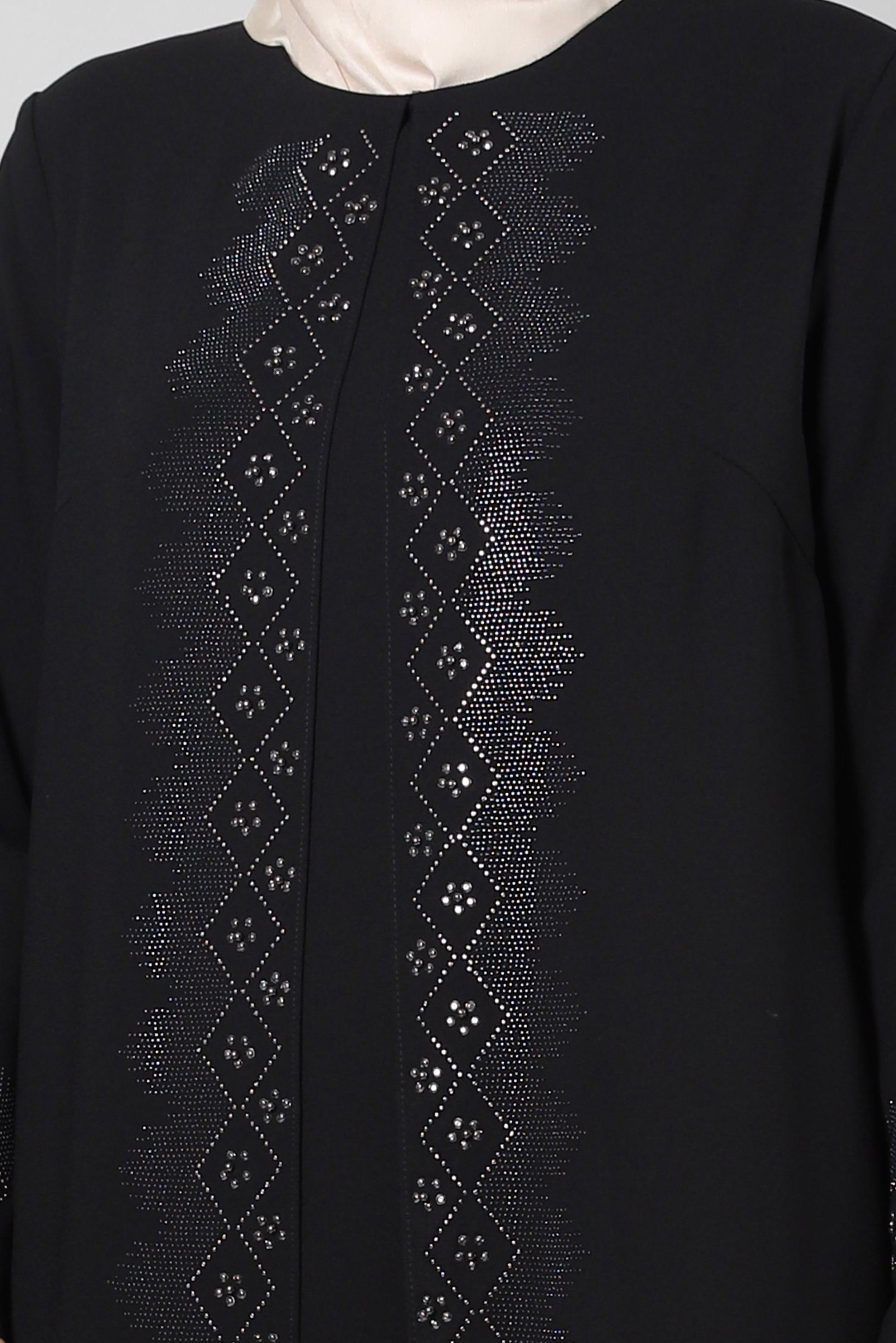 Tesettür giyim SİYAH BİSİKLET YAKA TAŞ DETAYLI KREP ELBİSE 20383