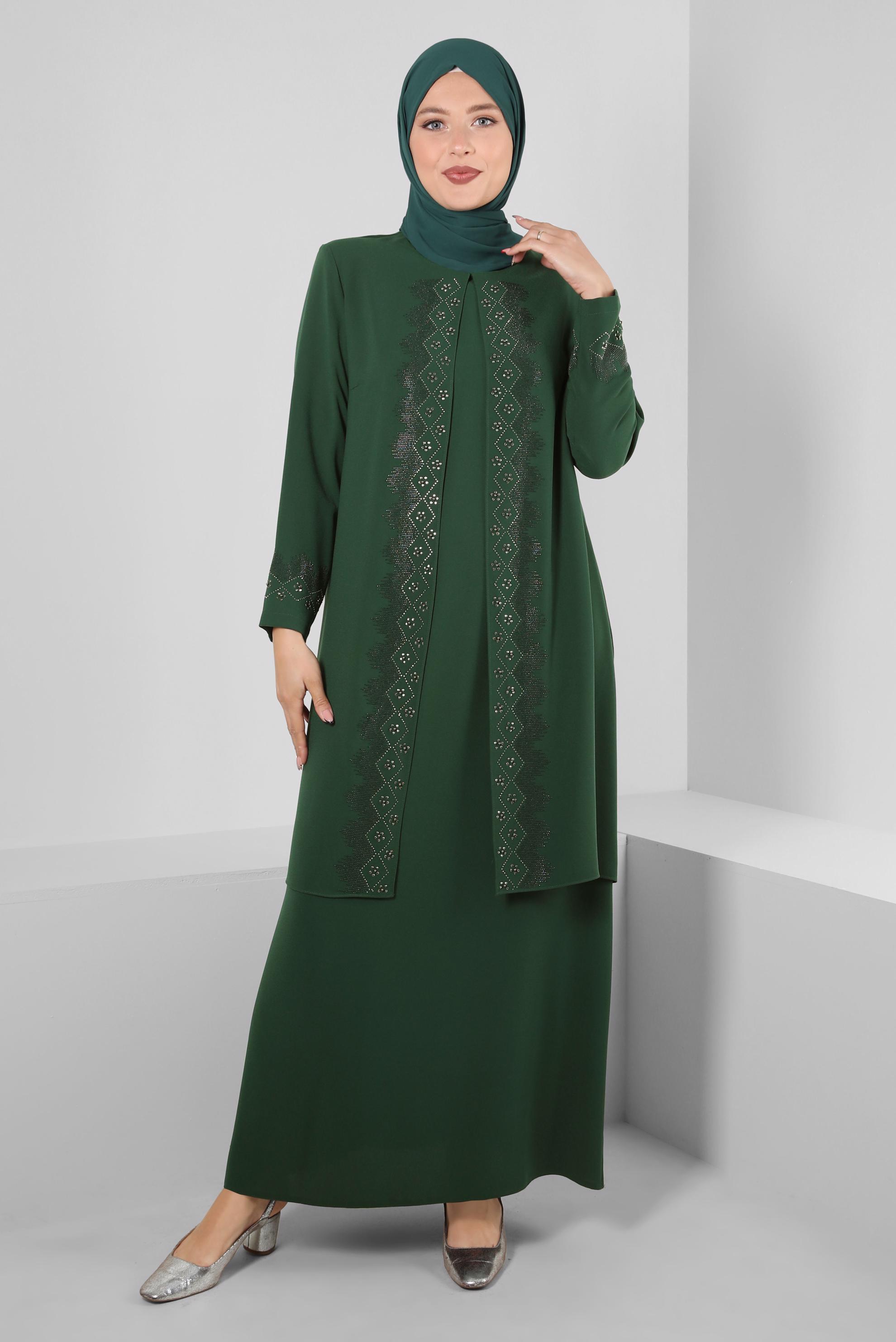 Hijab clothing GREEN CREW-NECK CREPE DRESS WITH GEM 20383
