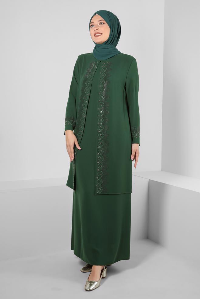 Tesettür giyim YEŞİL BİSİKLET YAKA TAŞ DETAYLI KREP ELBİSE 20383 - ALVİNA