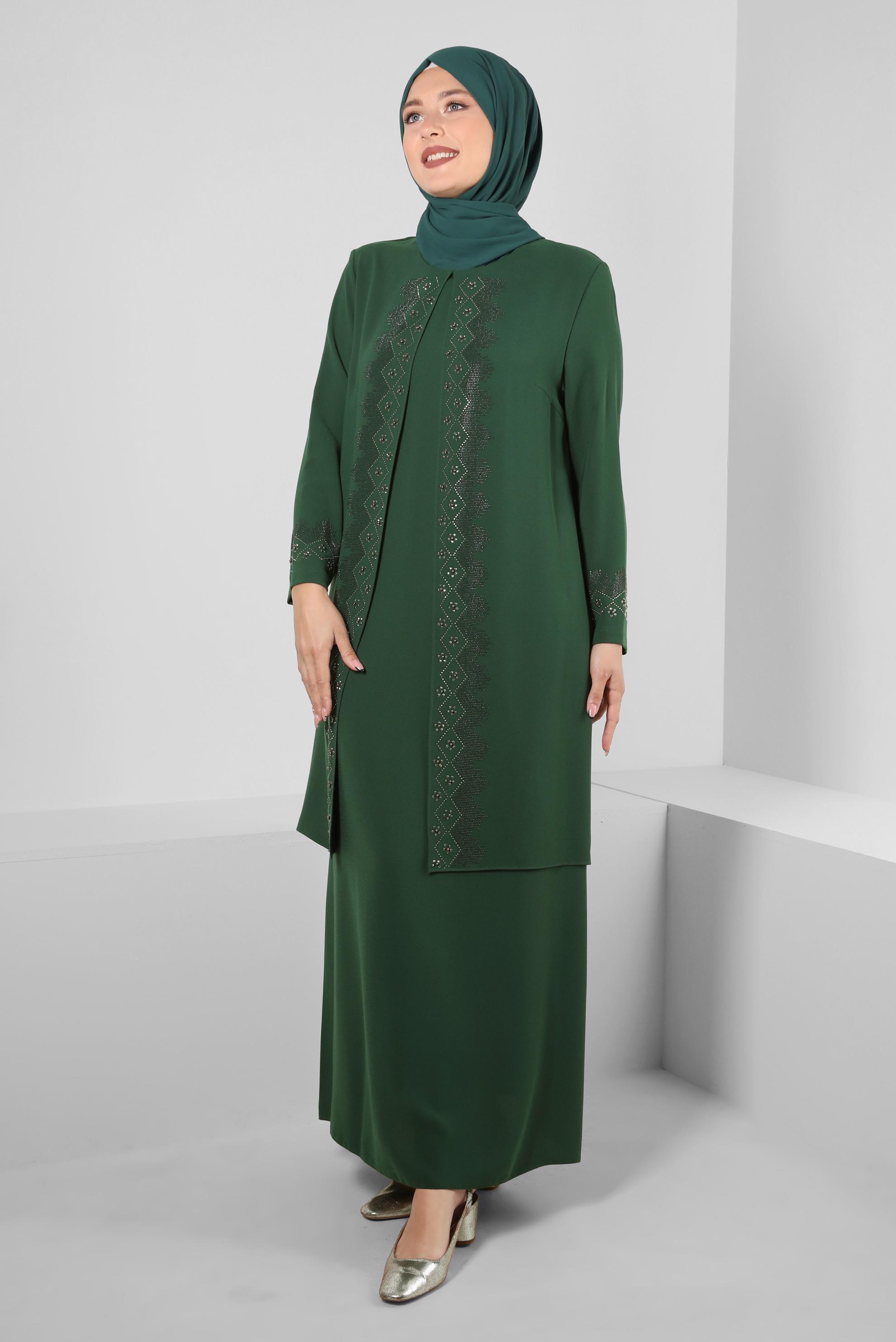 Hijab clothing GREEN CREW-NECK CREPE DRESS WITH GEM 20383