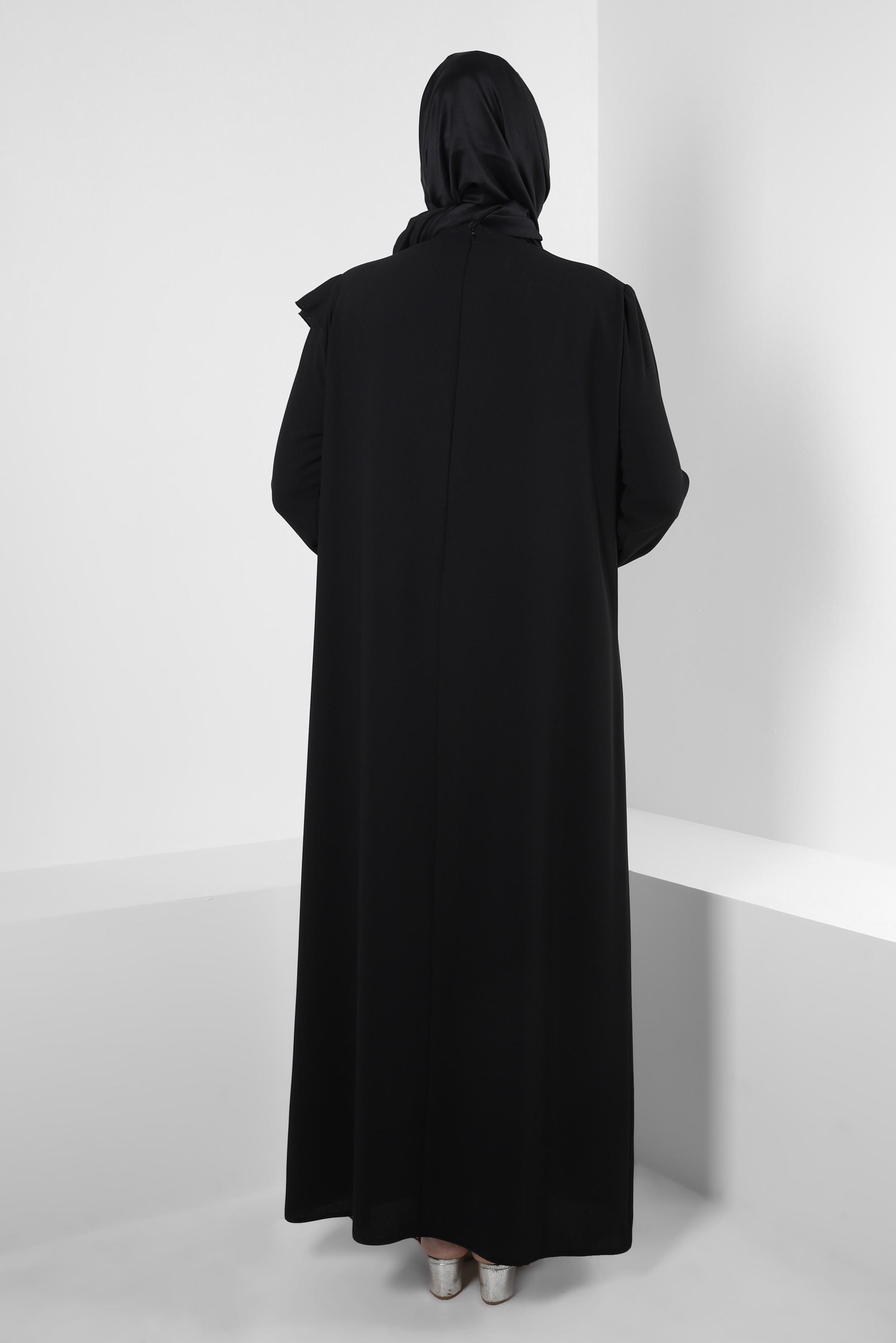 Tesettür giyim SİYAH OMZU TAŞ VE BONCUK İŞLEMELİ KREP ELBİSE 20394