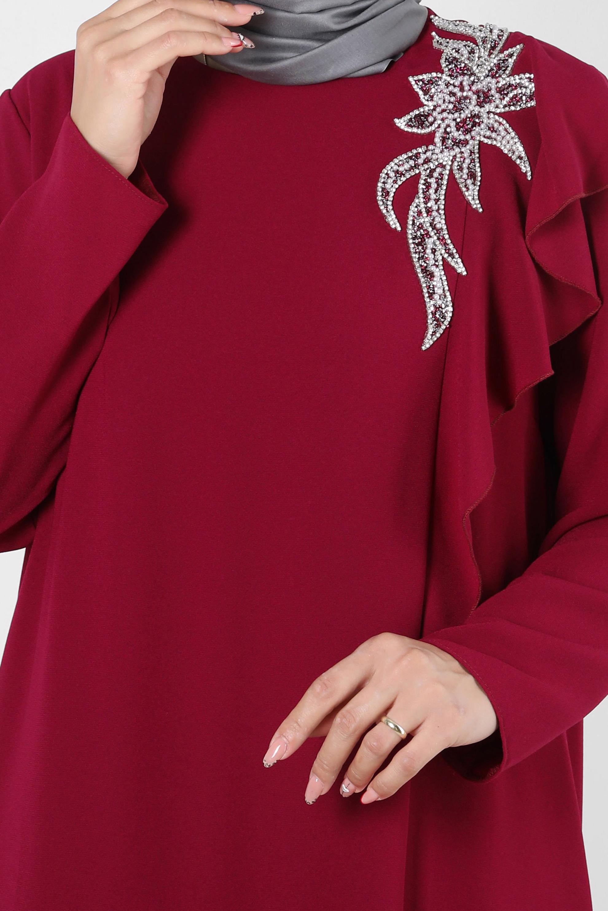Vêtements hijab ROUGE BORDEAUX ROBE EN CRÊPE BRODÉE DE GEMMES ET DE PERLES 20394