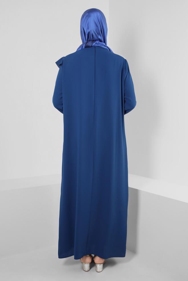 Tesettür giyim MAVİ OMZU TAŞ VE BONCUK İŞLEMELİ KREP ELBİSE 20394 - ALVİNA