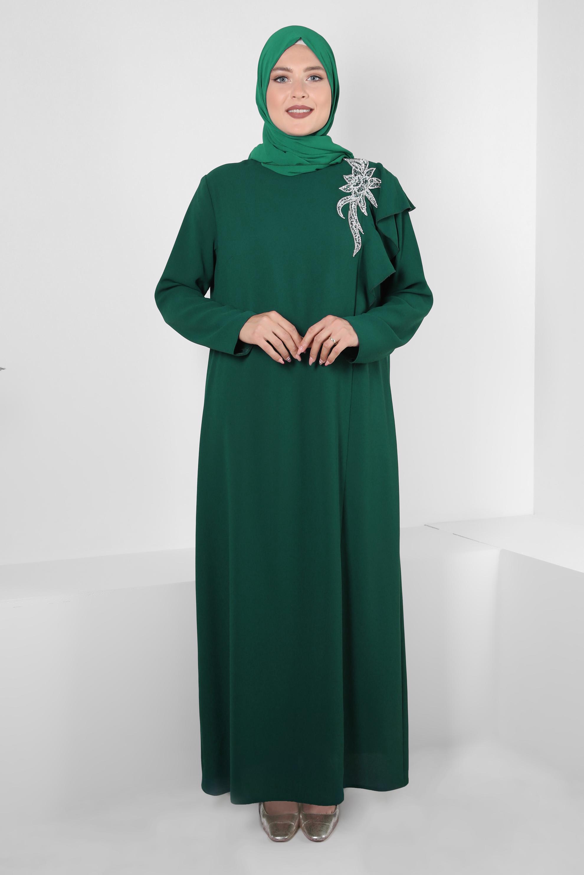 Hijab clothing GREEN GEM AND BEAD EMBROIDERED CREPE DRESS 20394