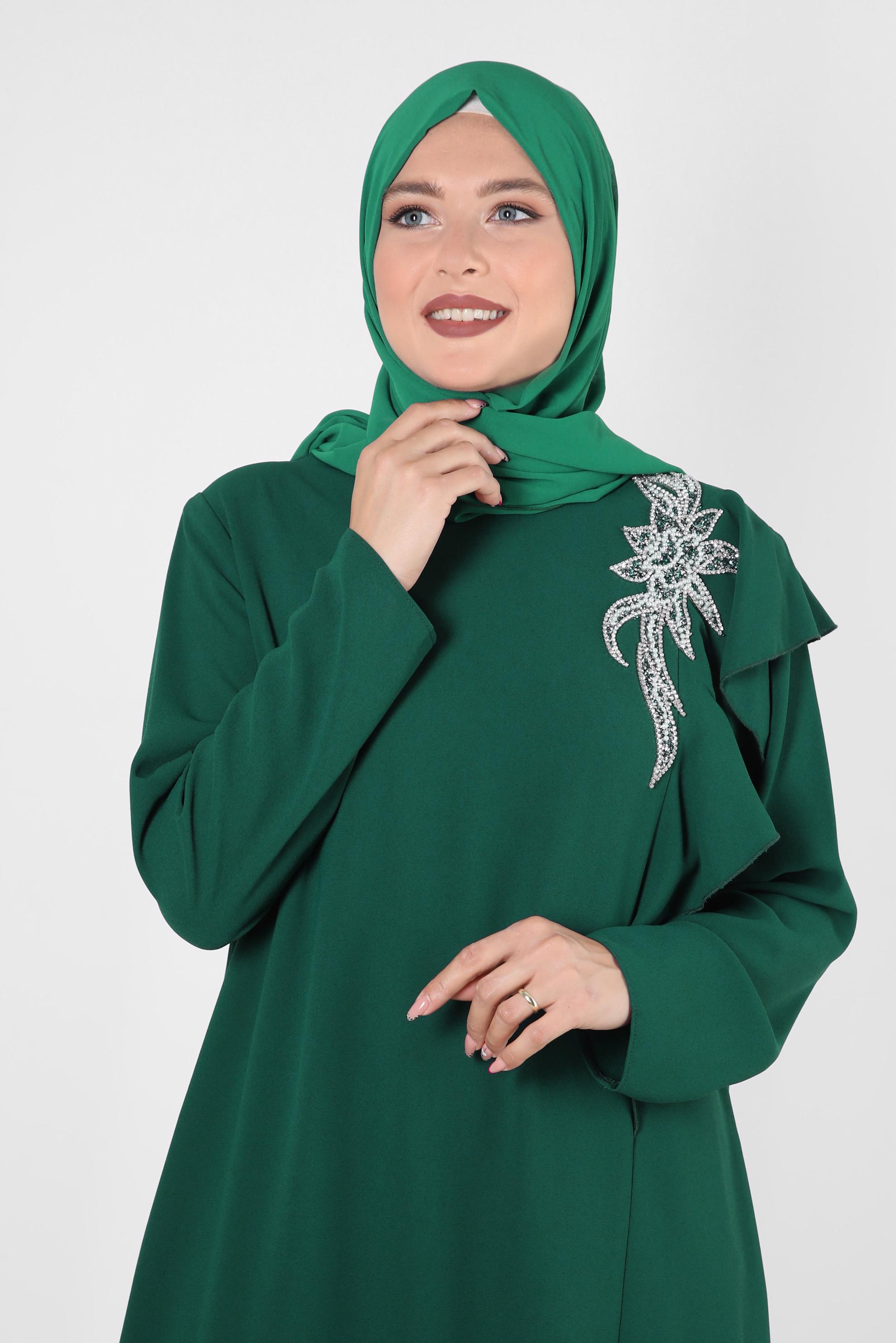 Hijab clothing GREEN GEM AND BEAD EMBROIDERED CREPE DRESS 20394