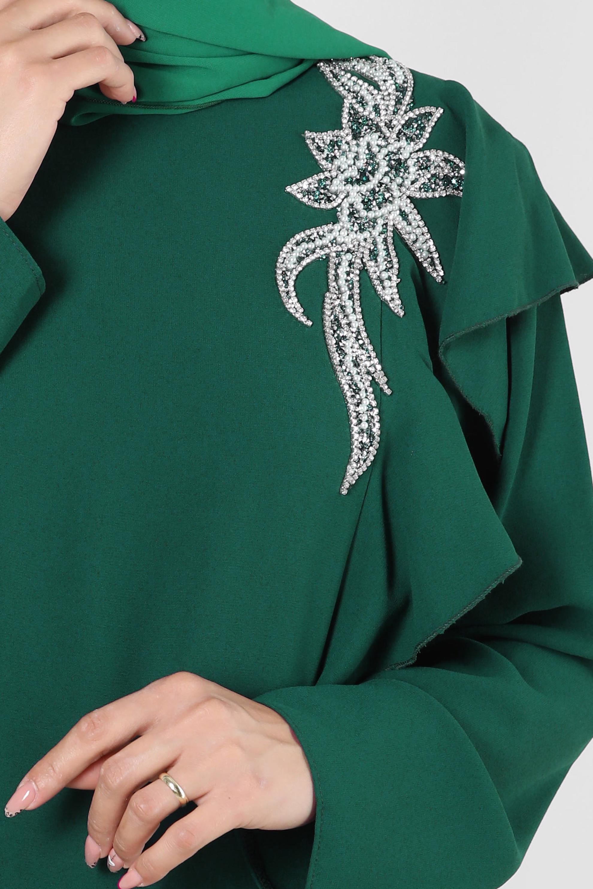 Hijab clothing GREEN GEM AND BEAD EMBROIDERED CREPE DRESS 20394