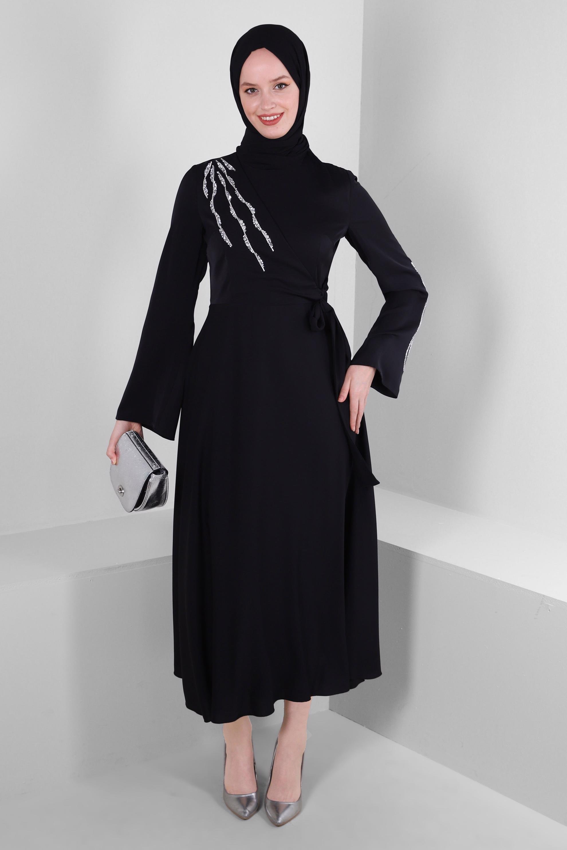 Tesettür giyim SİYAH PUL PAYET DETAYLI ANVELOP ELBİSE 43512	