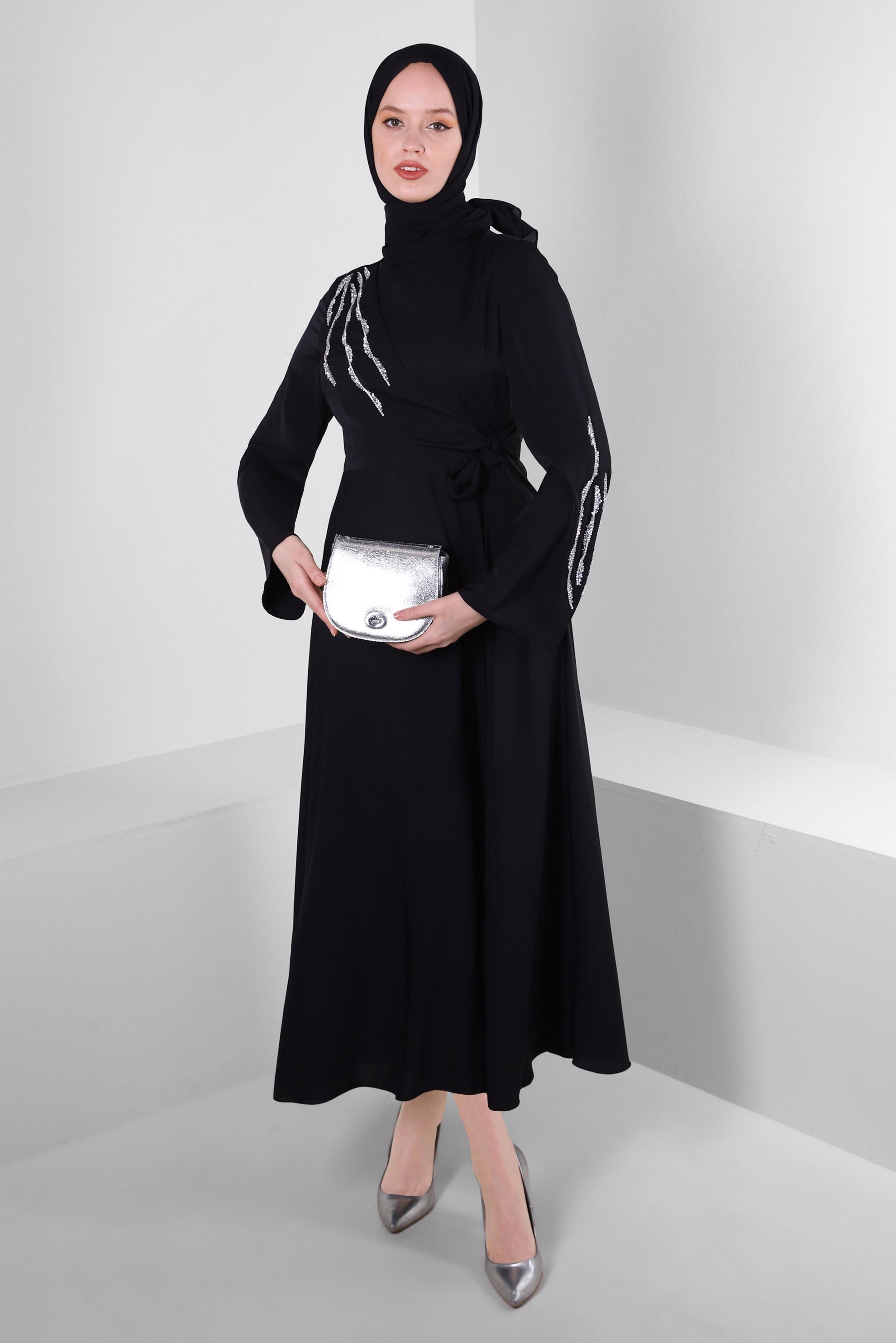 Tesettür giyim SİYAH PUL PAYET DETAYLI ANVELOP ELBİSE 43512	