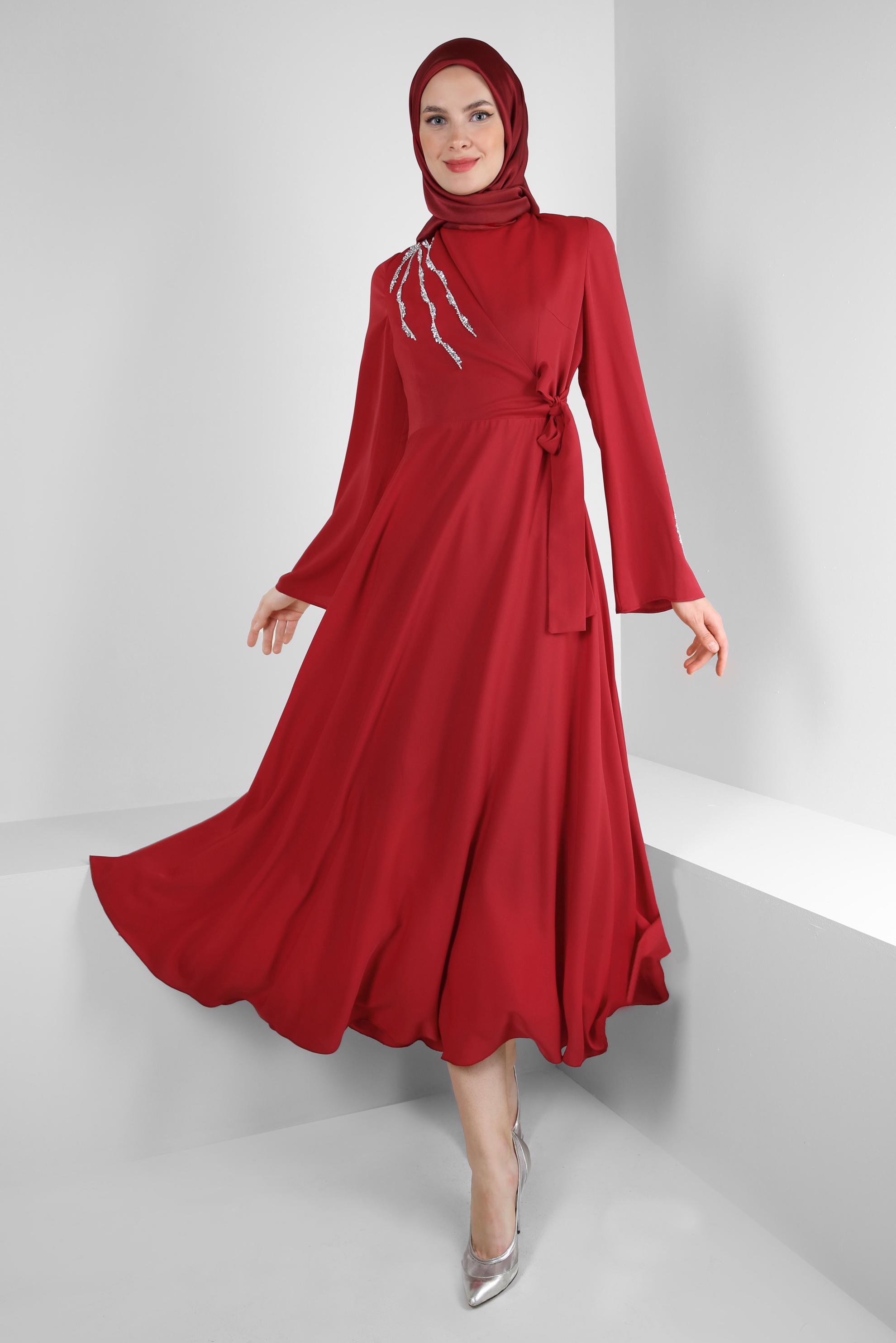 Tesettür giyim KIRMIZI PUL PAYET DETAYLI ANVELOP ELBİSE 43512	