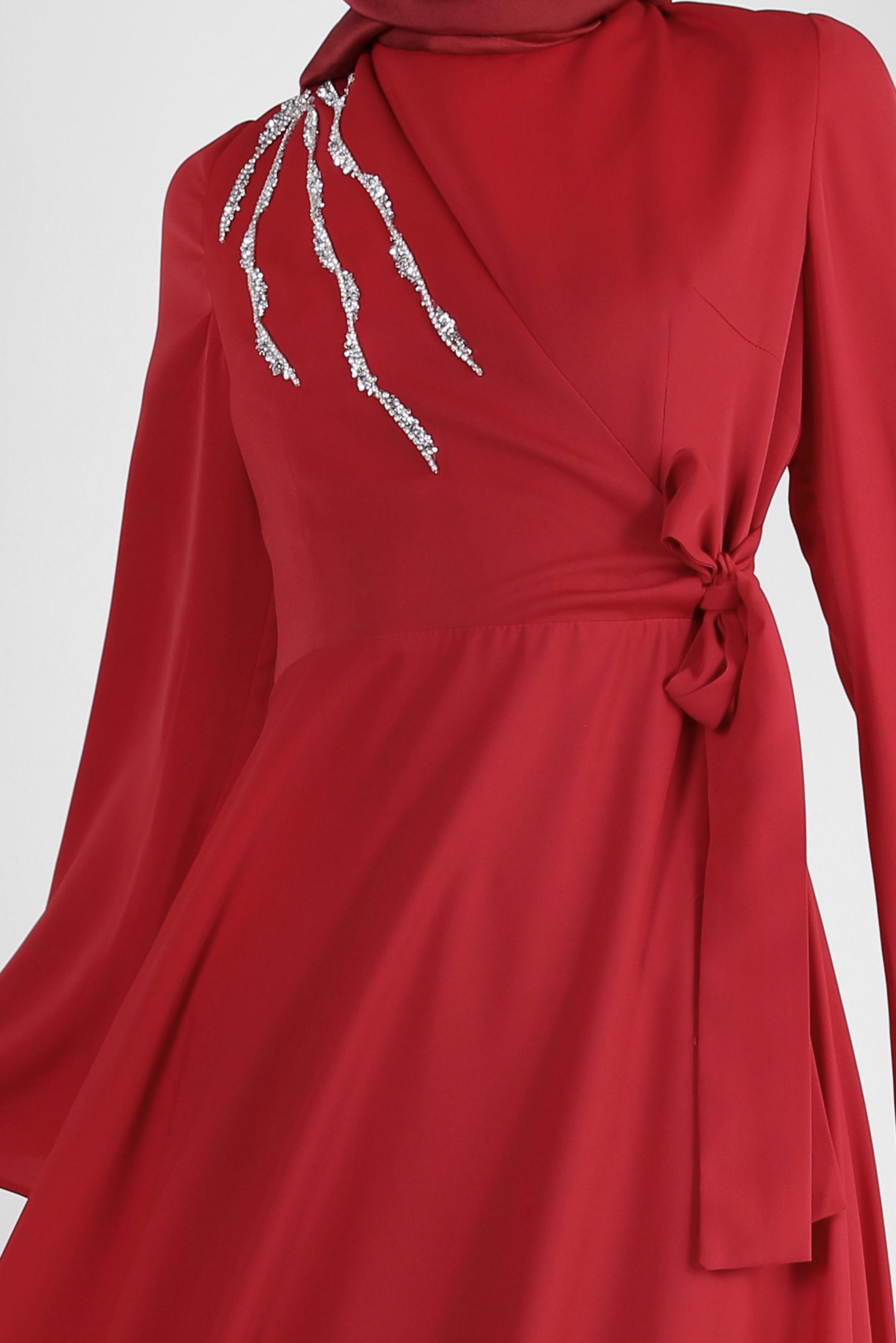 Tesettür giyim KIRMIZI PUL PAYET DETAYLI ANVELOP ELBİSE 43512	