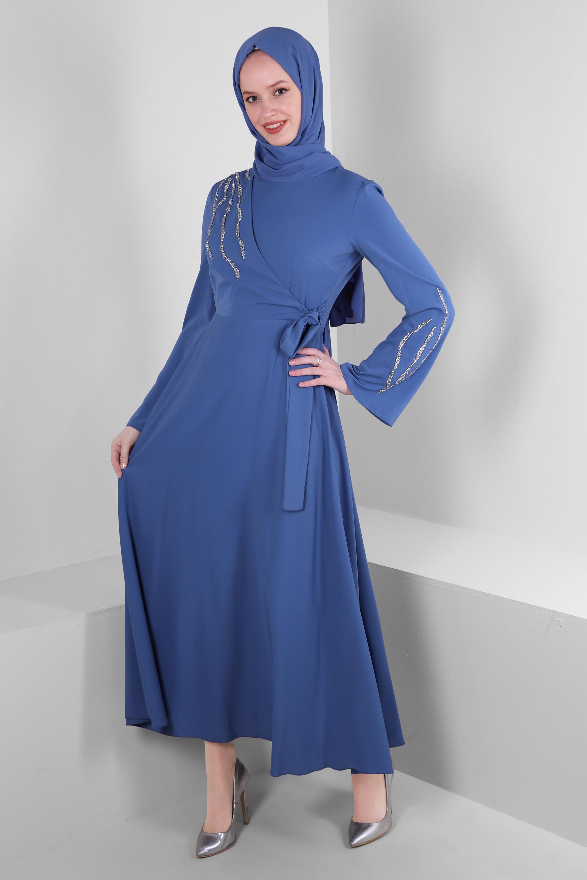 Tesettür giyim LACİVERT PUL PAYET DETAYLI ANVELOP ELBİSE 43512	