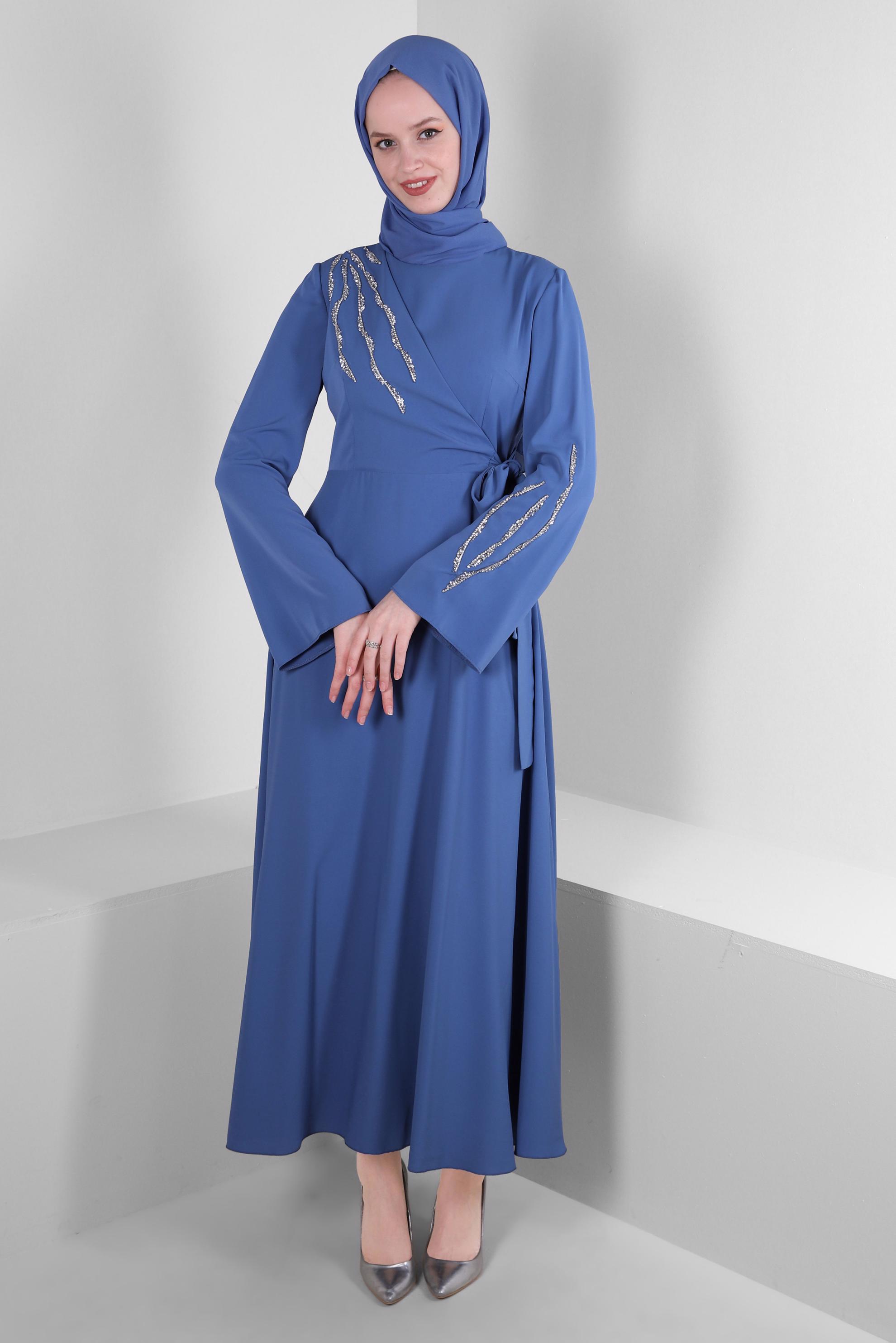 Tesettür giyim LACİVERT PUL PAYET DETAYLI ANVELOP ELBİSE 43512	