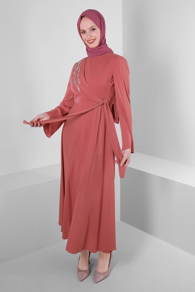 Tesettür giyim PEMBE PUL PAYET DETAYLI ANVELOP ELBİSE 43512	 - ALVİNA