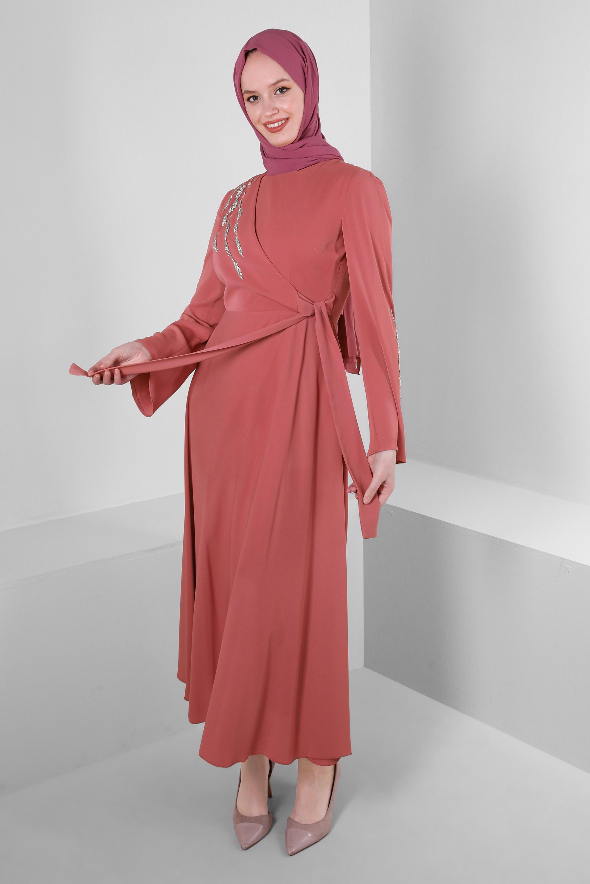 Tesettür giyim PEMBE PUL PAYET DETAYLI ANVELOP ELBİSE 43512	