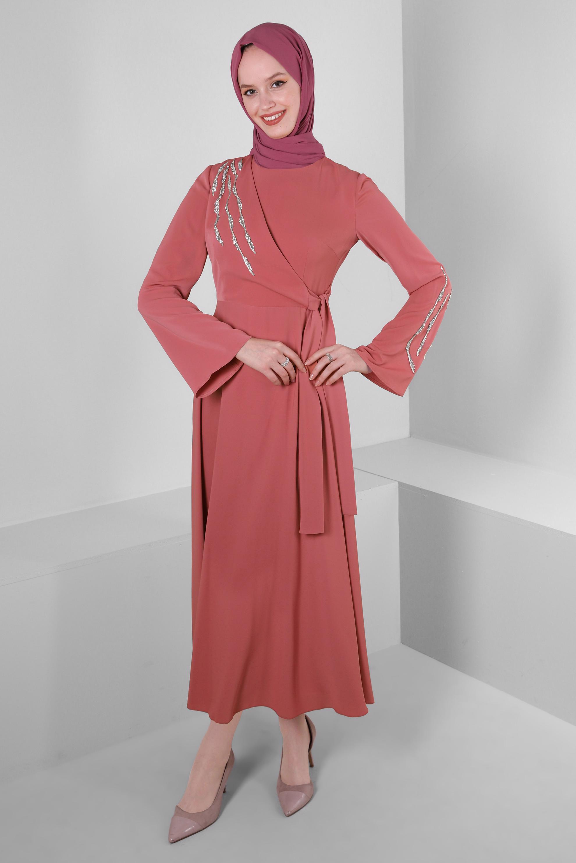 Tesettür giyim PEMBE PUL PAYET DETAYLI ANVELOP ELBİSE 43512	