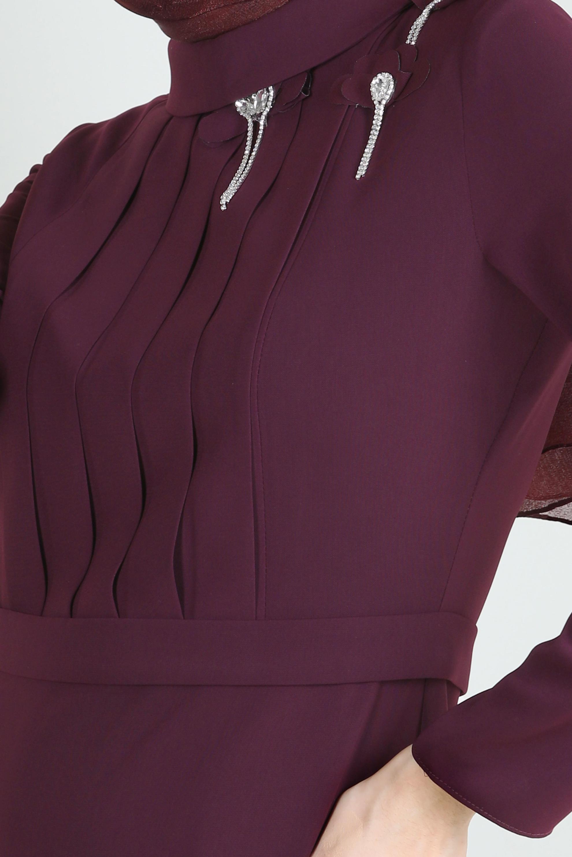 Tesettür giyim MÜRDÜM AKSESUARLI DRAPE DETAYLI ELBİSE 43519