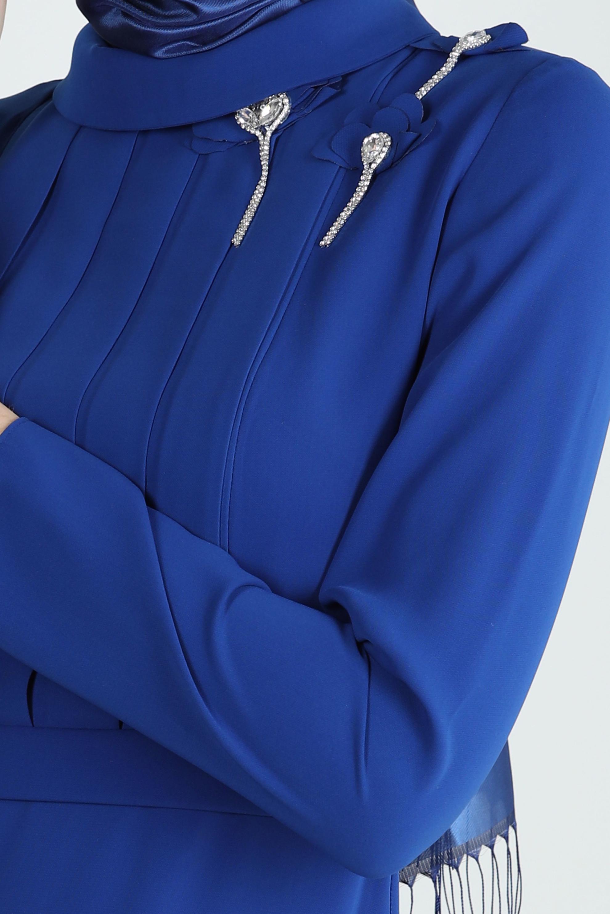 Tesettür giyim LACİVERT AKSESUARLI DRAPE DETAYLI ELBİSE 43519