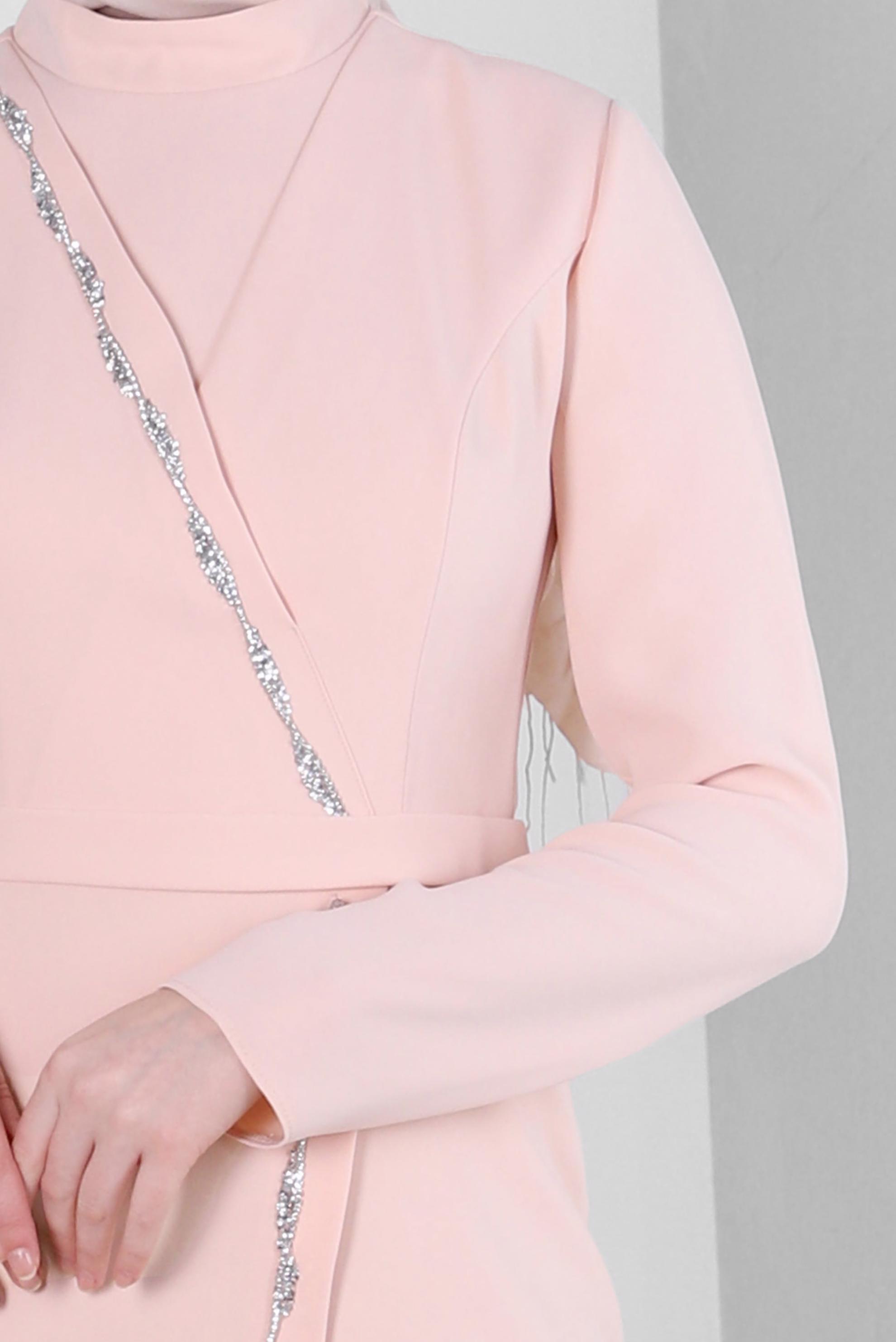 Tesettür giyim PUDRA TAŞ DETAYLI DİK YAKA ELBİSE 43541