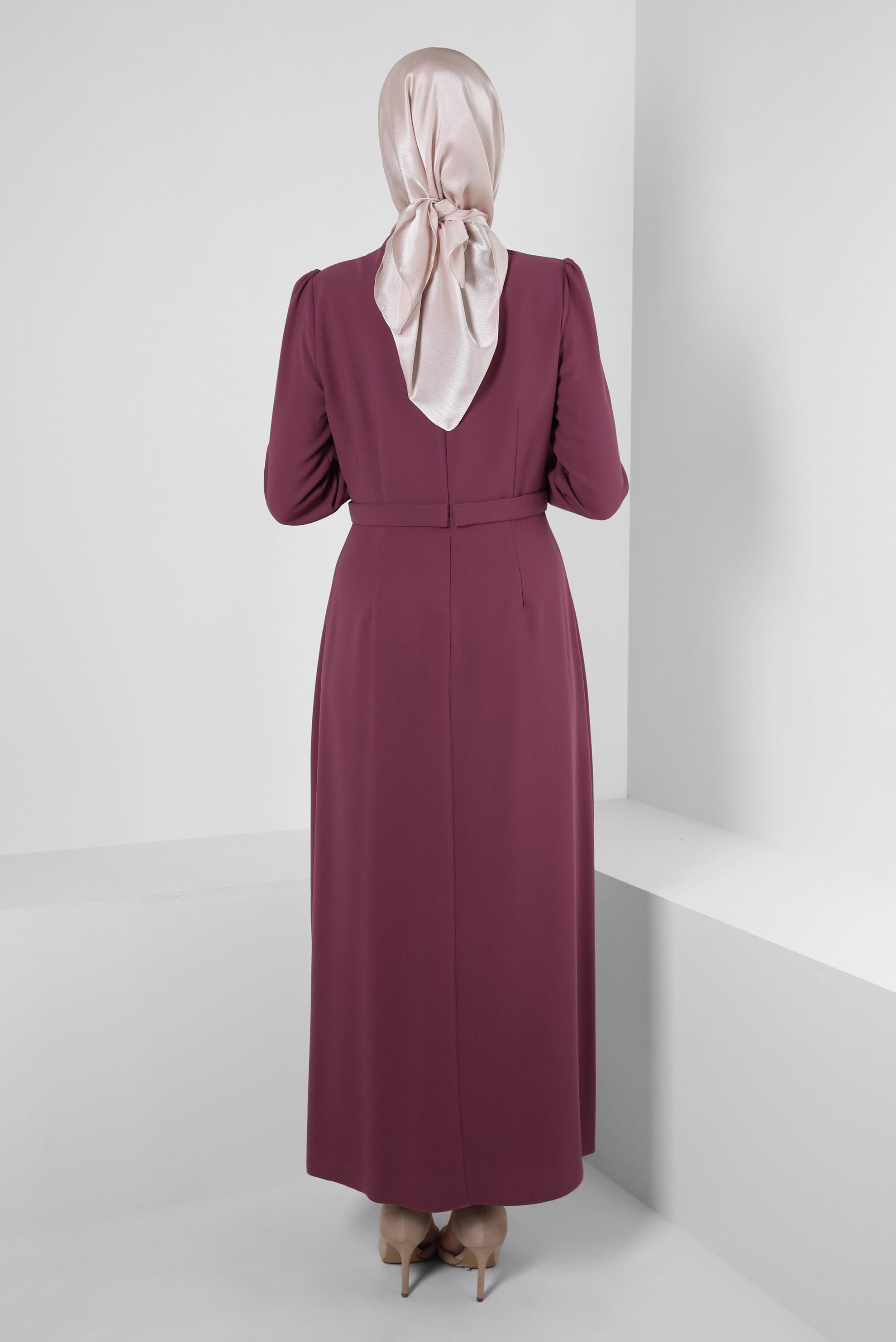 Tesettür giyim PEMBE DİK YAKA TAŞ DETAYLI ELBİSE 43542