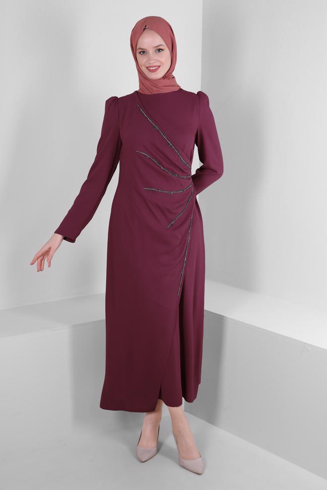 Tesettür giyim PEMBE ANVELOP GÖRÜNÜMLÜ TAŞ İŞLEMELİ ELBİSE 43543 - ALVİNA
