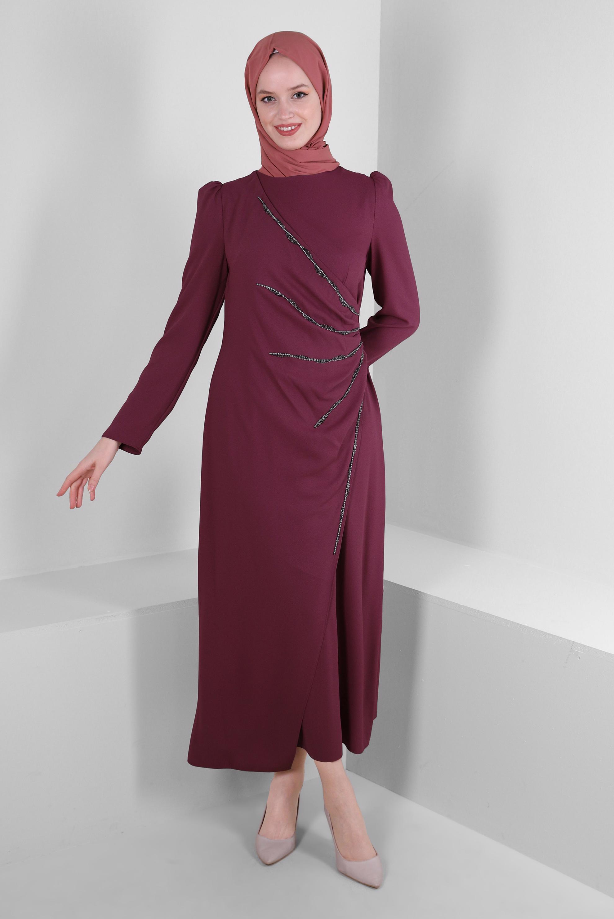 Tesettür giyim PEMBE ANVELOP GÖRÜNÜMLÜ TAŞ İŞLEMELİ ELBİSE 43543