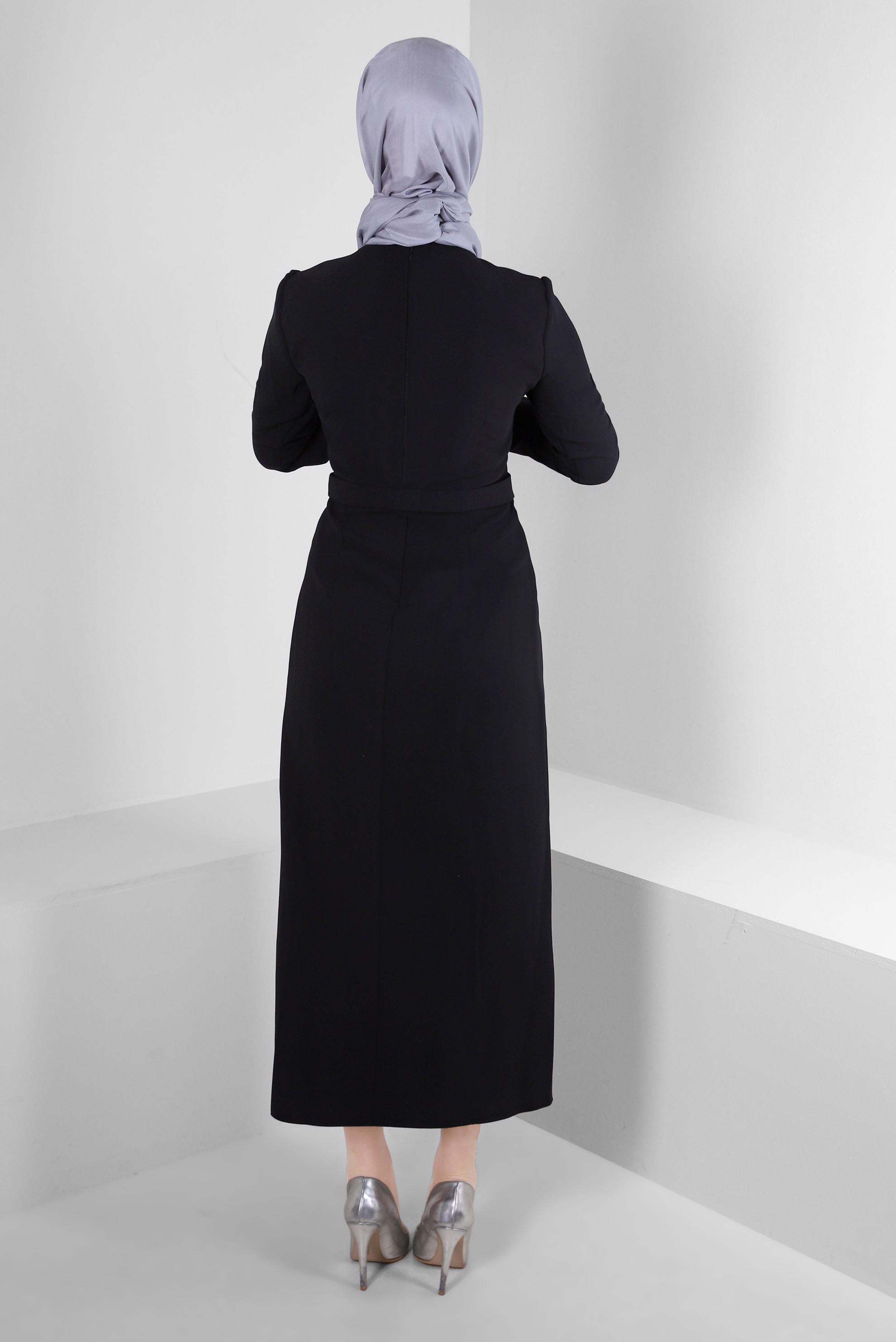 Tesettür giyim SİYAH TAŞ İŞLEME DETAYLI KREP ELBİSE 43544