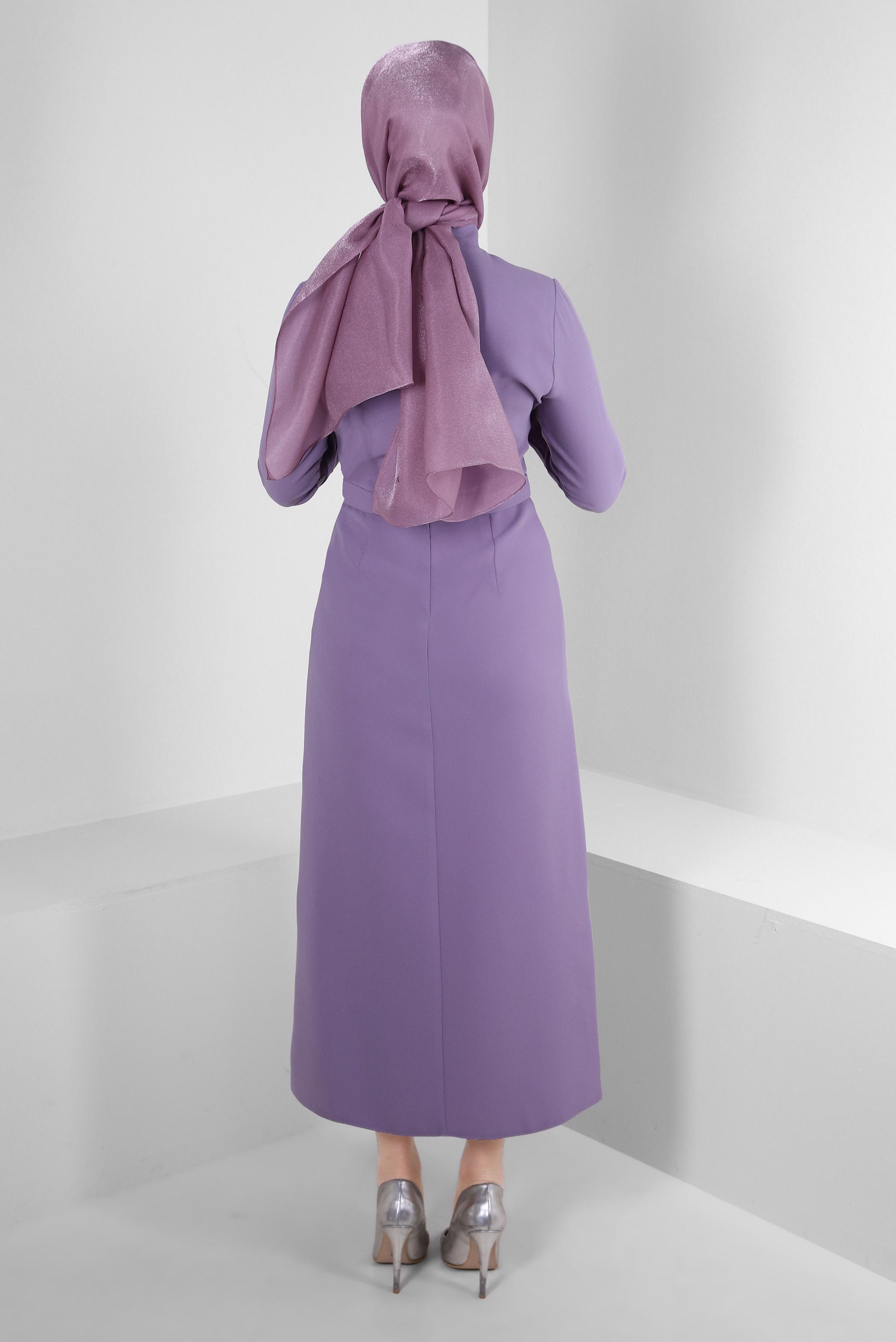 Tesettür giyim MOR TAŞ İŞLEME DETAYLI KREP ELBİSE 43544