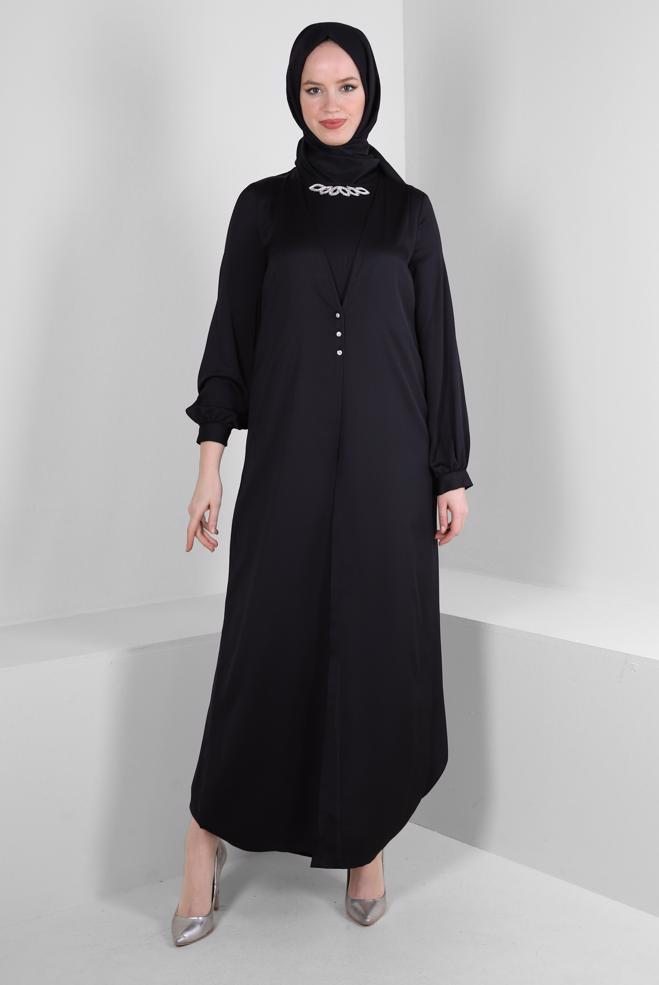 Tesettür giyim SİYAH ÖNÜ BAĞLAMA DETAYLI SATEN TULUM 43580 - ALVİNA