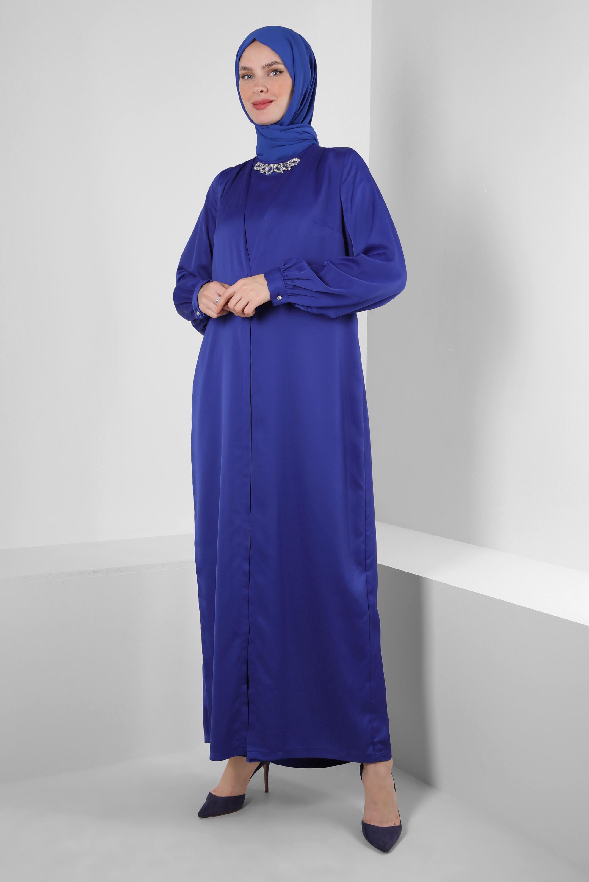Tesettür giyim LACİVERT ÖNÜ BAĞLAMA DETAYLI SATEN TULUM 43580