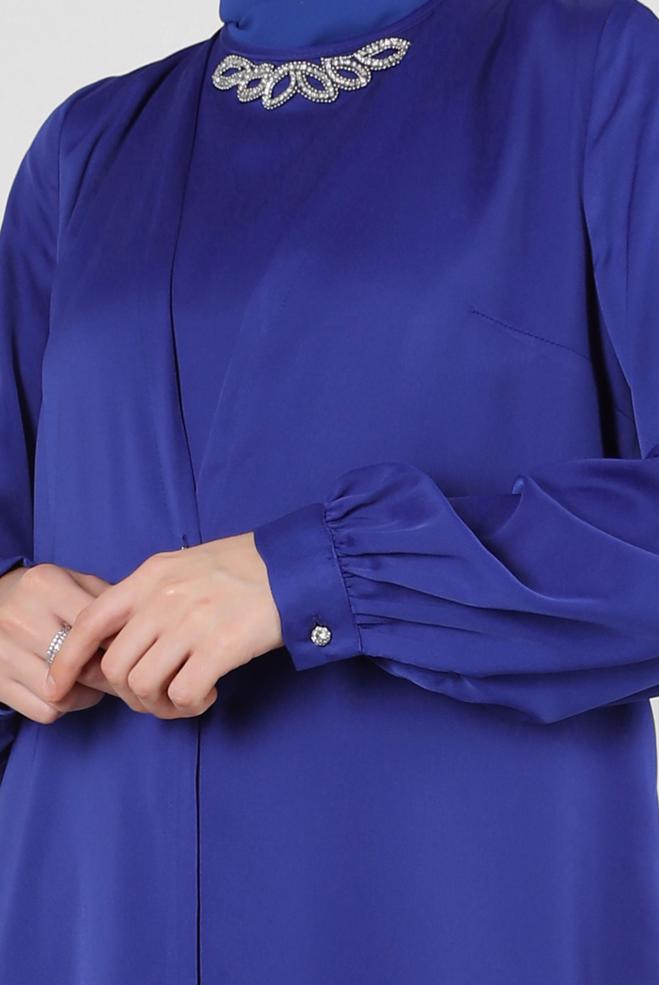 Tesettür giyim LACİVERT ÖNÜ BAĞLAMA DETAYLI SATEN TULUM 43580 - ALVİNA