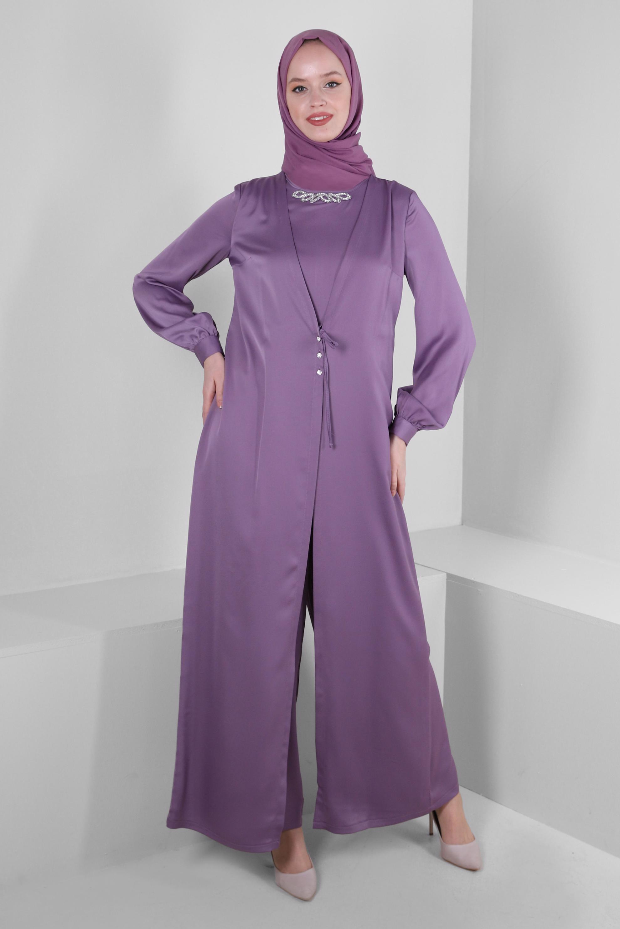 Hijab clothing PURPLE SATIN OVERALLS WITH TIE DETAIL 43580