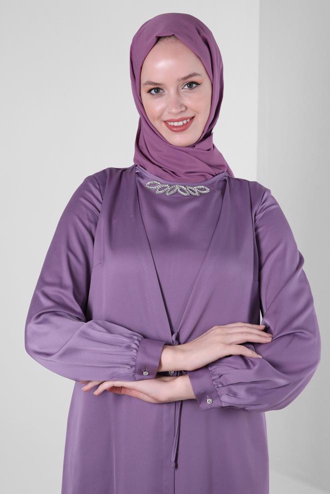 Tesettür giyim MOR ÖNÜ BAĞLAMA DETAYLI SATEN TULUM 43580 - ALVİNA