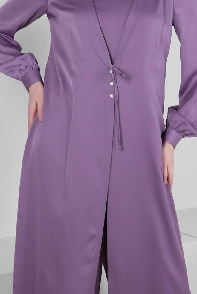 Tesettür giyim MOR ÖNÜ BAĞLAMA DETAYLI SATEN TULUM 43580 - ALVİNA