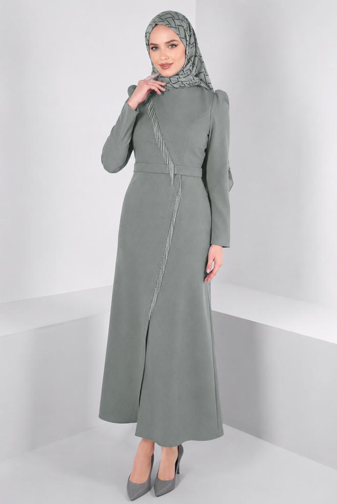 Vêtements hijab GRIS ROBE EN CRÊPE À VOLANTS 43588 - ALVİNA