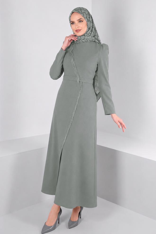 Vêtements hijab GRIS ROBE EN CRÊPE À VOLANTS 43588 - ALVİNA