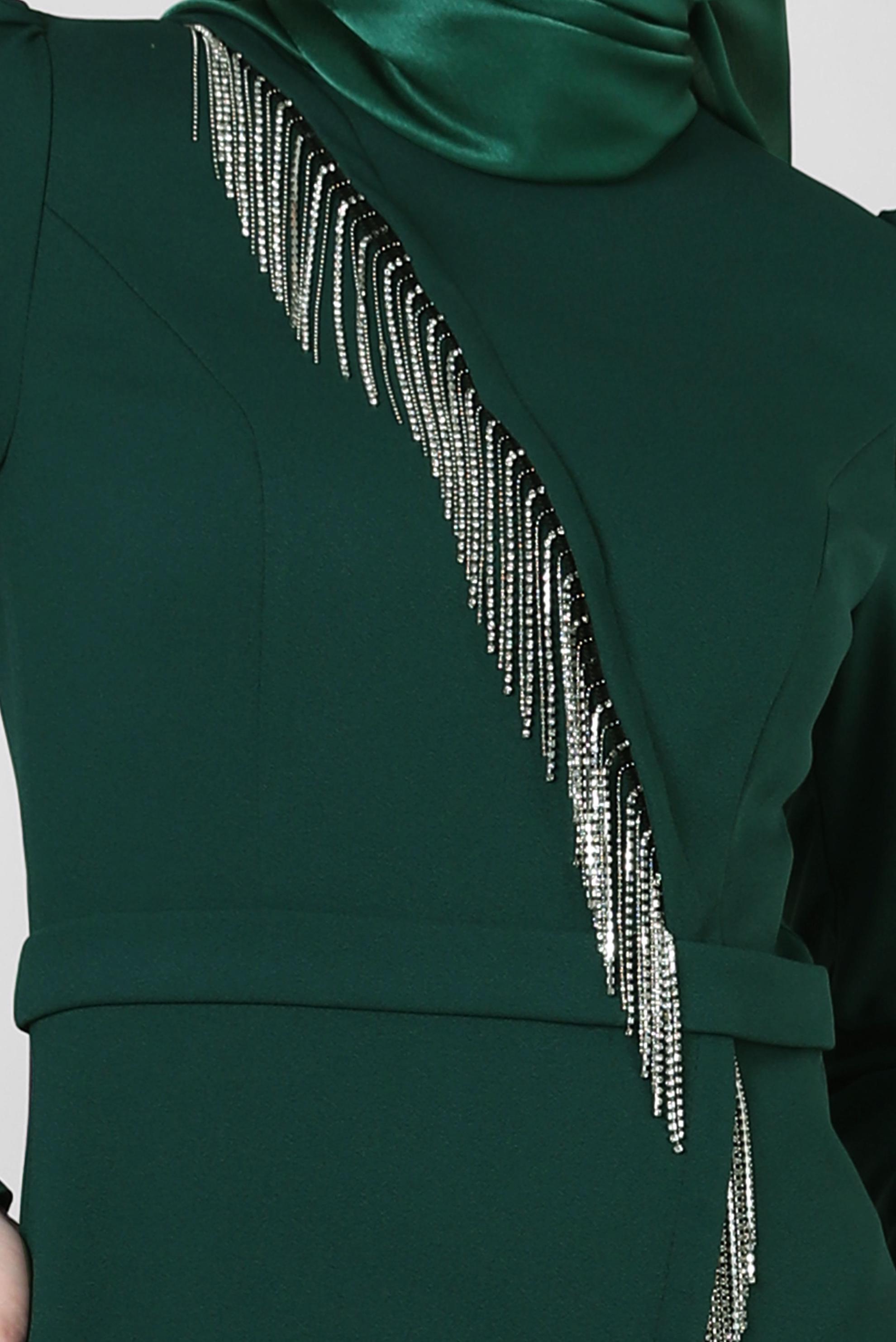 Tesettür giyim YEŞİL PÜSKÜL DETAYLI KREP ELBİSE 43588