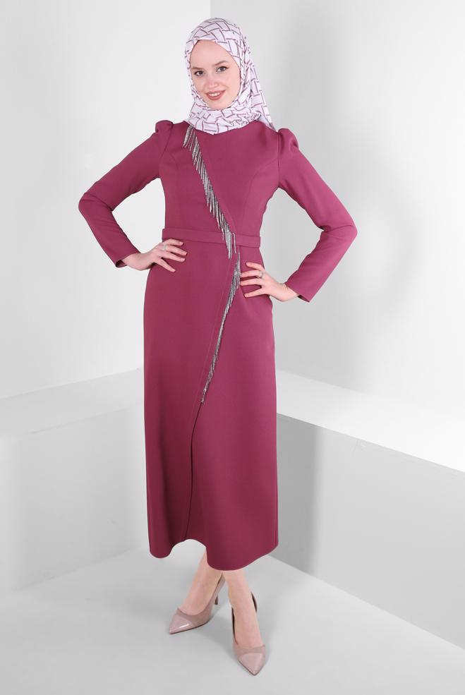 Tesettür giyim PEMBE PÜSKÜL DETAYLI KREP ELBİSE 43588 - ALVİNA