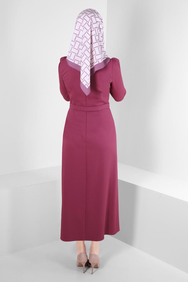 Tesettür giyim PEMBE PÜSKÜL DETAYLI KREP ELBİSE 43588 - ALVİNA