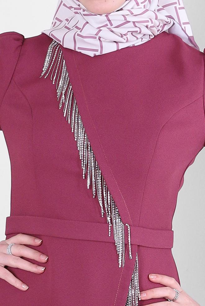 Tesettür giyim PEMBE PÜSKÜL DETAYLI KREP ELBİSE 43588 - ALVİNA