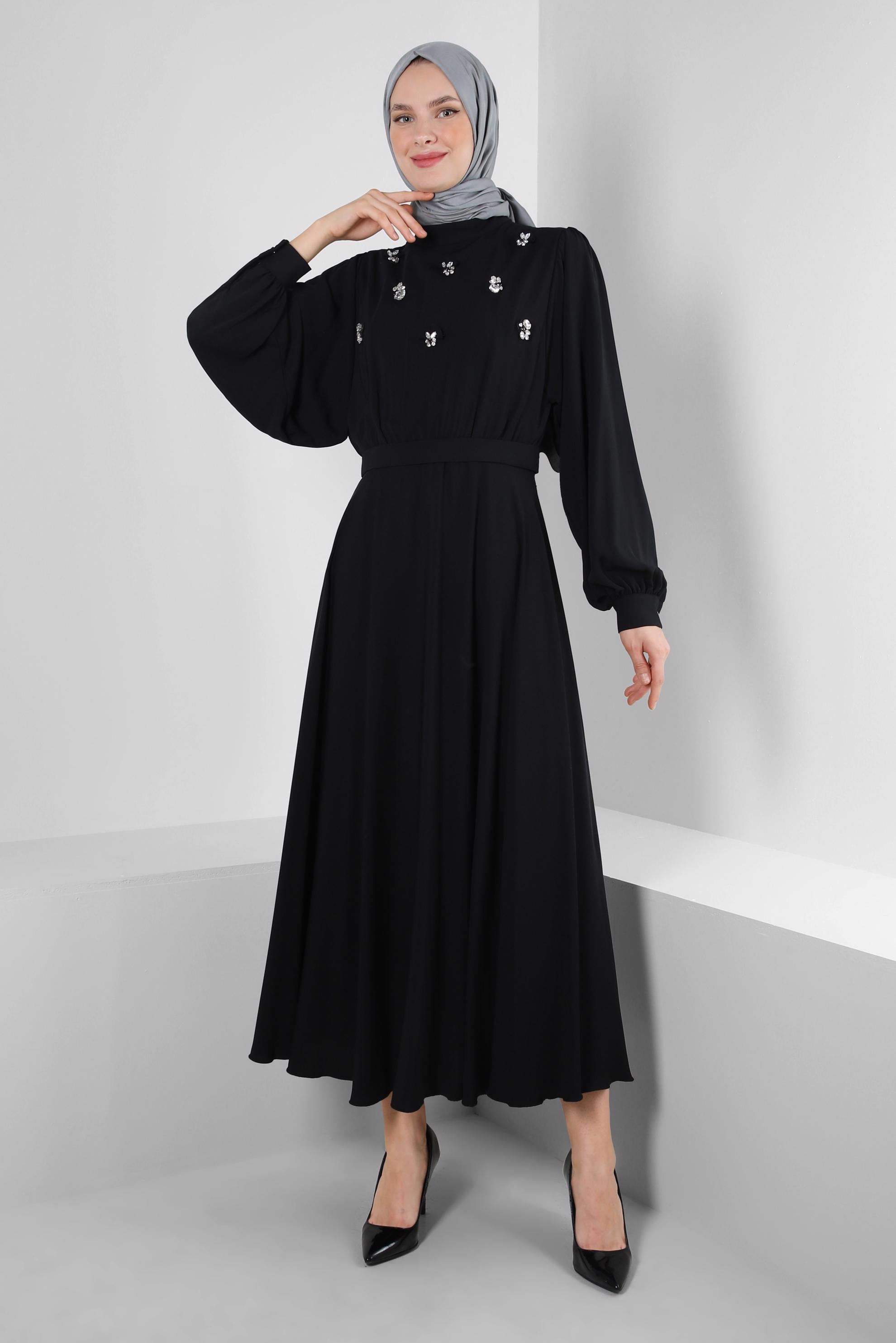 Tesettür giyim SİYAH TAŞ İŞLEMELİ BALON KOL ELBİSE 43590