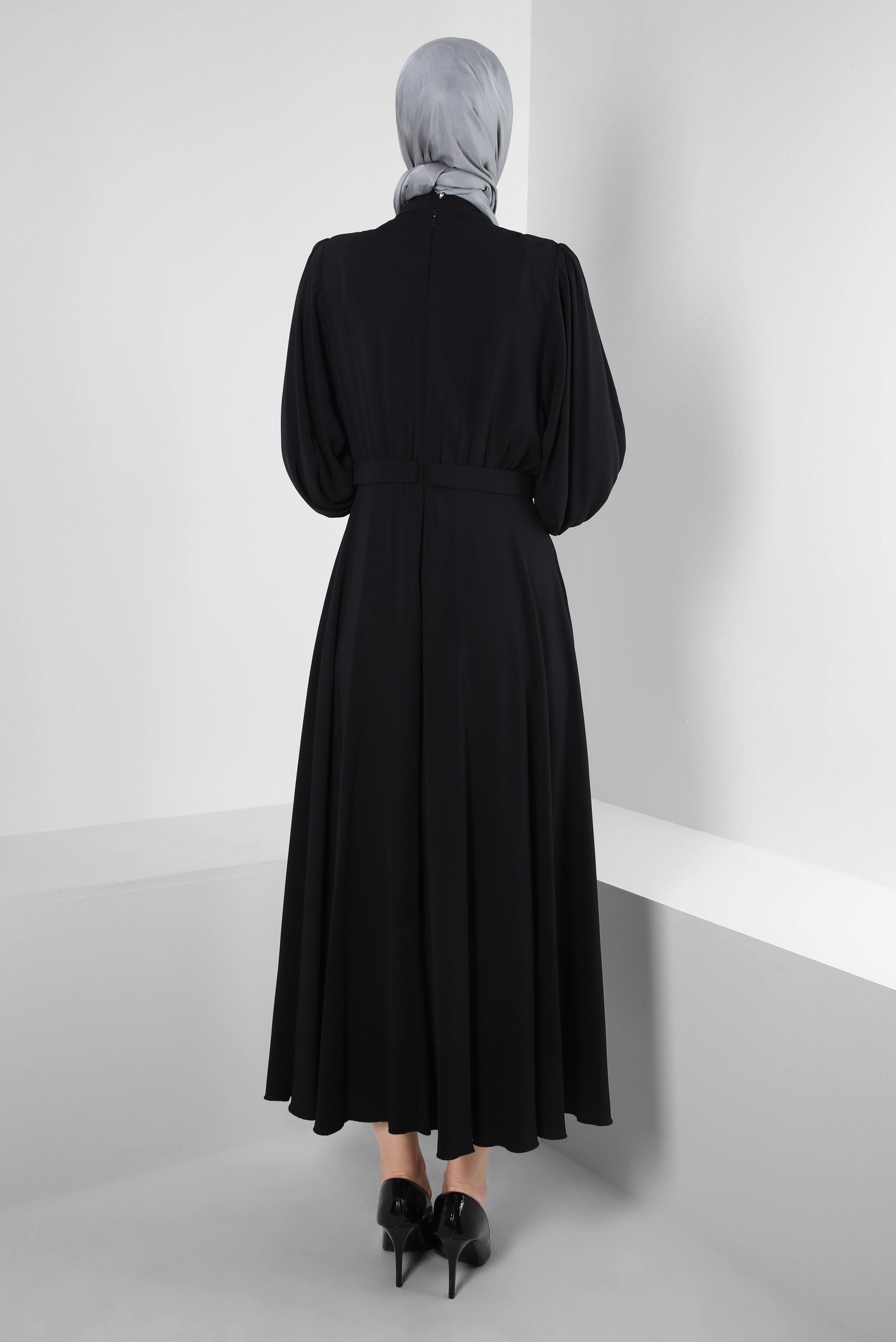 Tesettür giyim SİYAH TAŞ İŞLEMELİ BALON KOL ELBİSE 43590