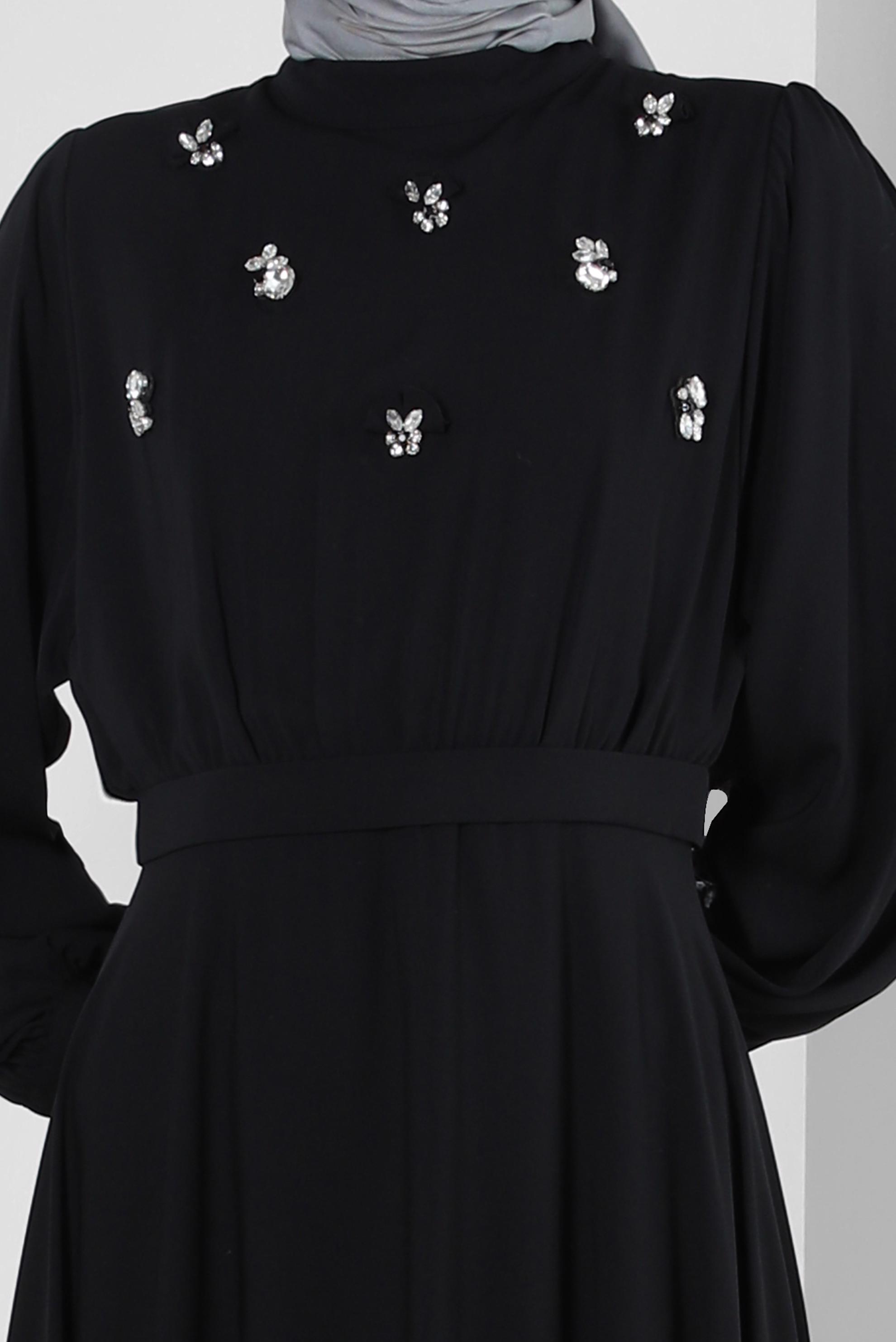 Tesettür giyim SİYAH TAŞ İŞLEMELİ BALON KOL ELBİSE 43590