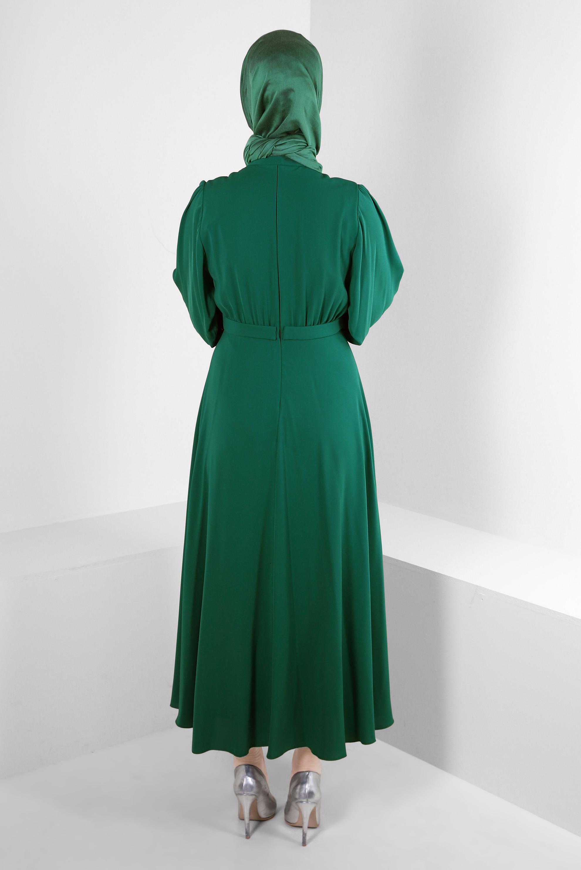 Tesettür giyim YEŞİL TAŞ İŞLEMELİ BALON KOL ELBİSE 43590