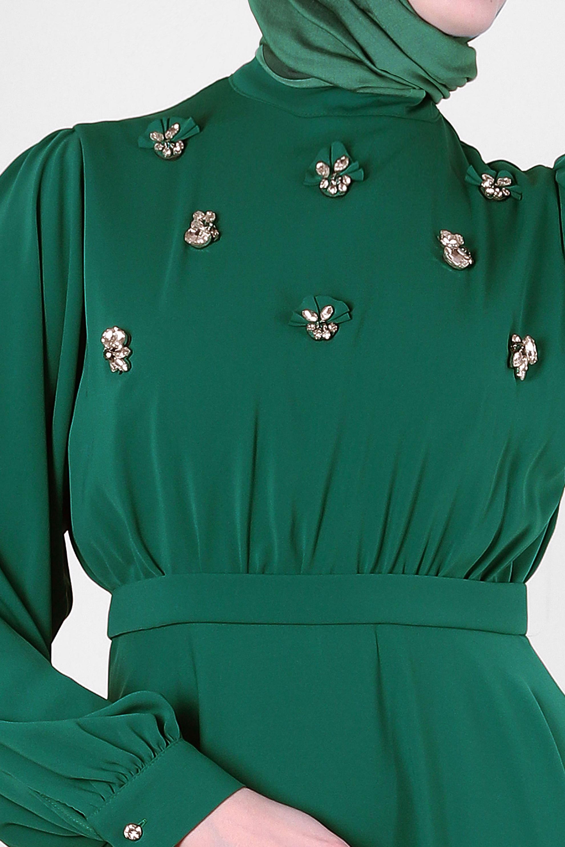 Tesettür giyim YEŞİL TAŞ İŞLEMELİ BALON KOL ELBİSE 43590