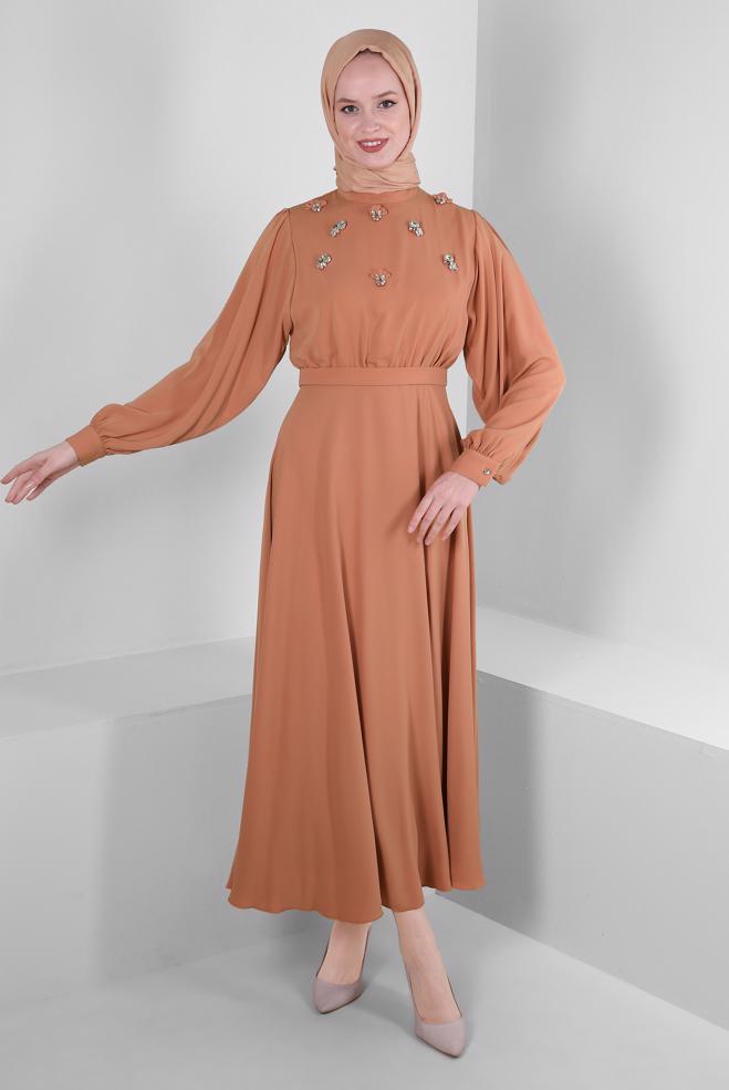 Tesettür giyim PEMBE TAŞ İŞLEMELİ BALON KOL ELBİSE 43590 - ALVİNA