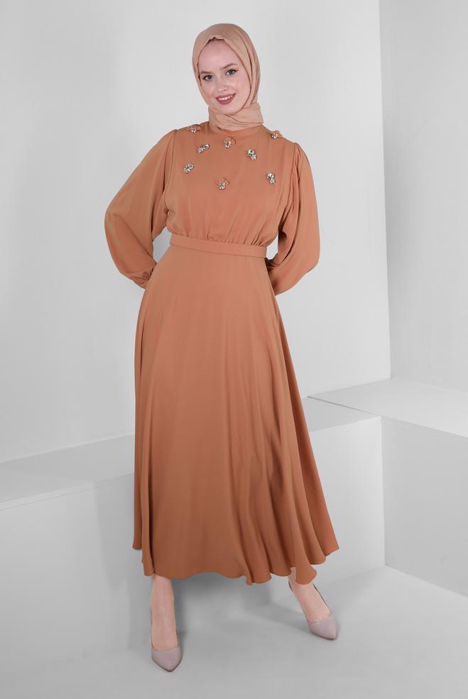 Tesettür giyim PEMBE TAŞ İŞLEMELİ BALON KOL ELBİSE 43590 - ALVİNA